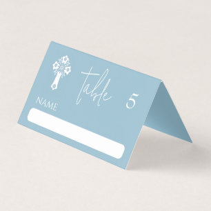 Platzkarte Floral Cross Christening Sky Blue