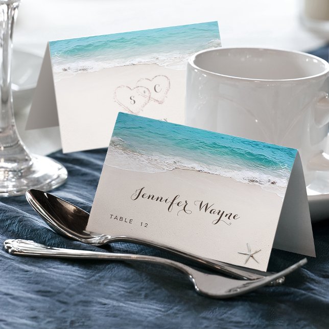 Platzkarte für Hochzeiten am Sandstrand Tischnummer (Hearts in the sand beach wedding Place Card)