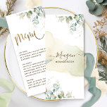 Platzkarte/ Menü, elegante Vegetation und Wasserfa Menükarte<br><div class="desc">Elegantes Menü für jeden Anlass mit Grün Details und Aquarellfärbung auf der Rückseite mit der Möglichkeit, mit Ihrem Namen und Event, oder Ihrem Gastnamen zu personalisieren, und eine All-in-One Menü-Platzkarte. Design mit exquisiter Aquarellfarbe Eukalyptus grün und moderne handgeschriebene Kalligrafiedetails. Die Grünflächen in den Farben Grün, Blau, Beige, Gelb und Grün...</div>