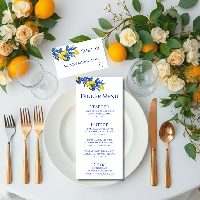 Platzkarte-Mittelmeer-Fleisch-Symbol - Tabelle Tischnummer (Lemons-Wedding Place card-Mediterranean with meal icons)