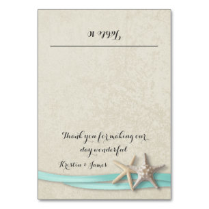 Platzkarte Starfish und Aqua Ribbon Tischnummer