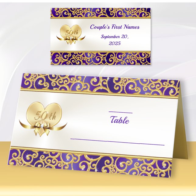 Platzkarten zum 50. Hochzeitstag, (Purple and Gold theme. 50th wedding anniversary place cards. Golden anniversary place cards. )
