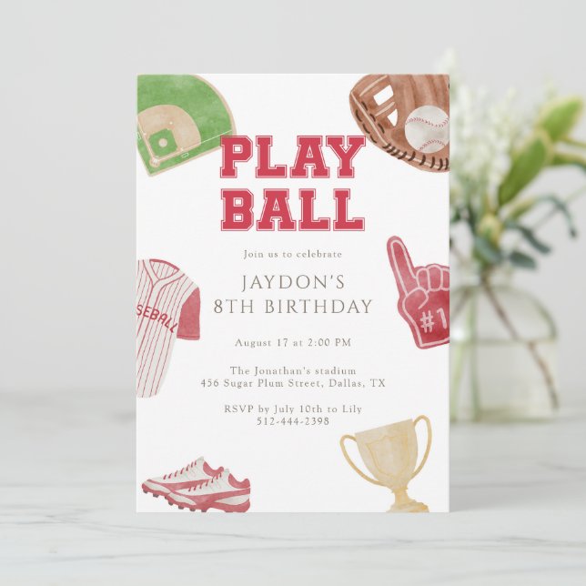 Play Ball Red Baseball Sports Birthday Party Einladung (Stehend Vorderseite)