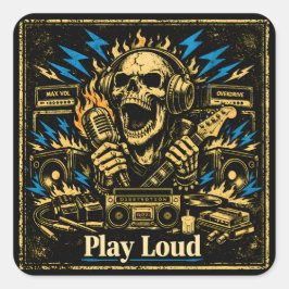 Play Loud – Volume Up Music Rebellion Quadratischer Aufkleber