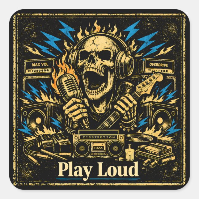 Play Loud – Volume Up Music Rebellion Quadratischer Aufkleber (Vorderseite)