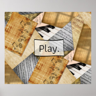 Play, Piano Keys Antique Sheet Music Poster
