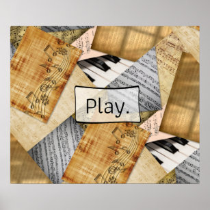 Play, Piano Keys Antique Sheet Music Poster