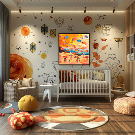 Playa de Paraguas: Paisaje Folk y Naive Colorido Poster