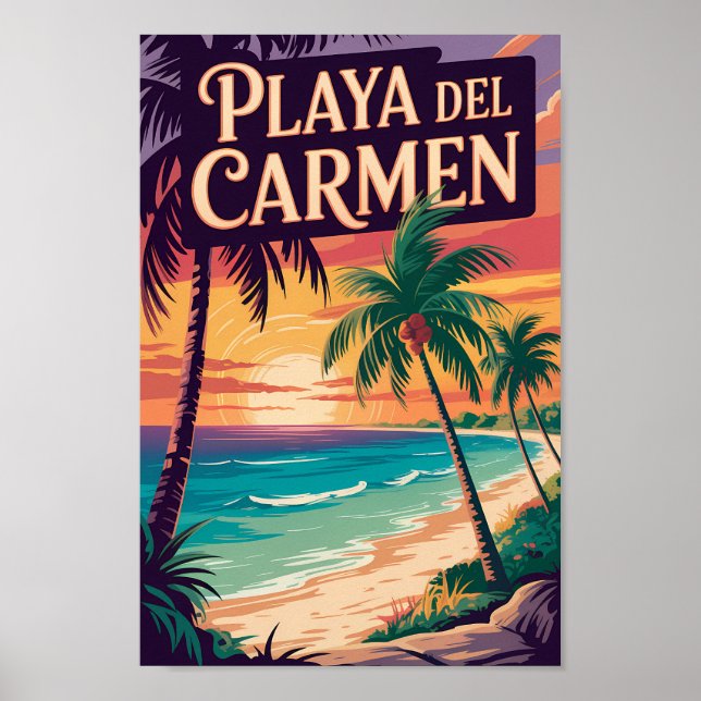 Playa del Carmen Illustration Travel Art Vintage Poster (Vorne)