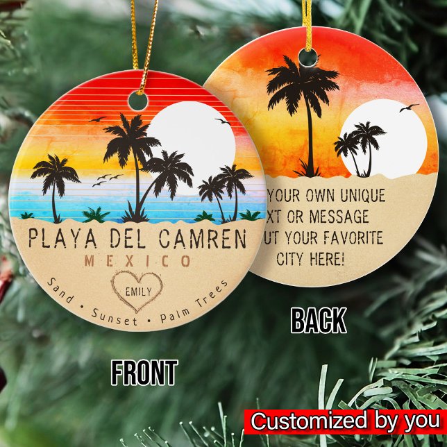 Playa del Carmen Mexico Retro Sunset Palm 60er Keramik Ornament (Von Creator hochgeladen)