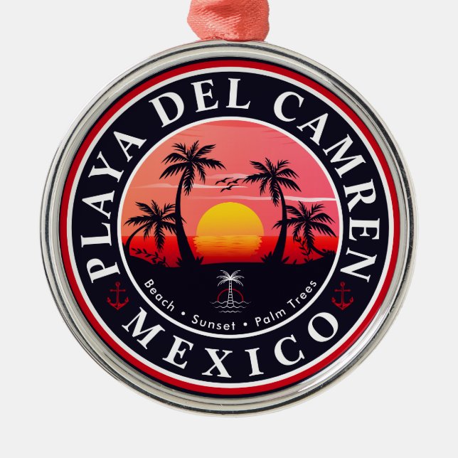 Playa del Carmen Retro Sonnenuntergang Palmen 1960 Ornament Aus Metall (Vorne)
