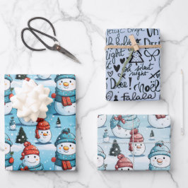 Playame Snowmen und Word Art Blue Christmas Geschenkpapier Set