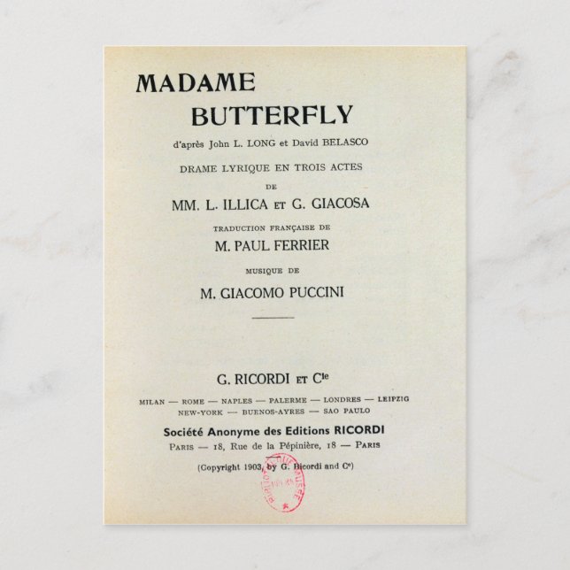 Playbill for Madame Butterfly by Giacomo Postkarte (Vorderseite)