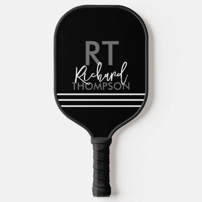 Player Monogram (Name initial) auf Black Pickleball Schläger (Vorderseite)