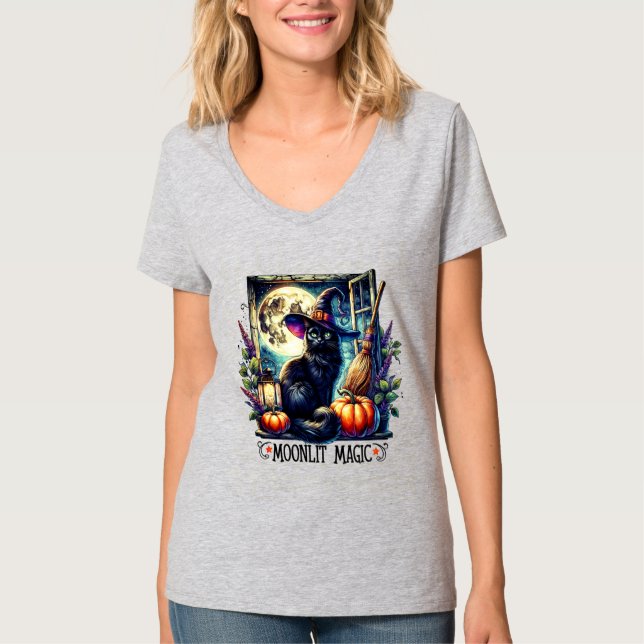 Playera "Moonlit Magic" Black Cat Halloween Shirt (Vorderseite)