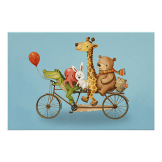 Playful Animal Friends on Bike Illustration Poster