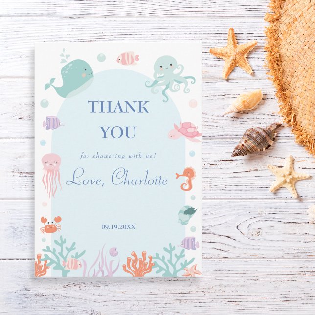 Playful Aqua Underwater Ocean Animals Baby Dankeskarte (Von Creator hochgeladen)