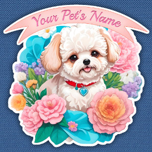 Playful Bichon Frisé, bunte Blume Aufkleber