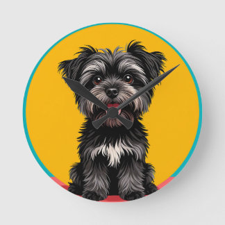 Playful Black And Gray Terrier Puppy Portrait Runde Wanduhr