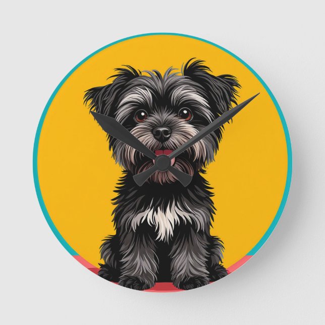Playful Black And Gray Terrier Puppy Portrait Runde Wanduhr (Vorderseite)