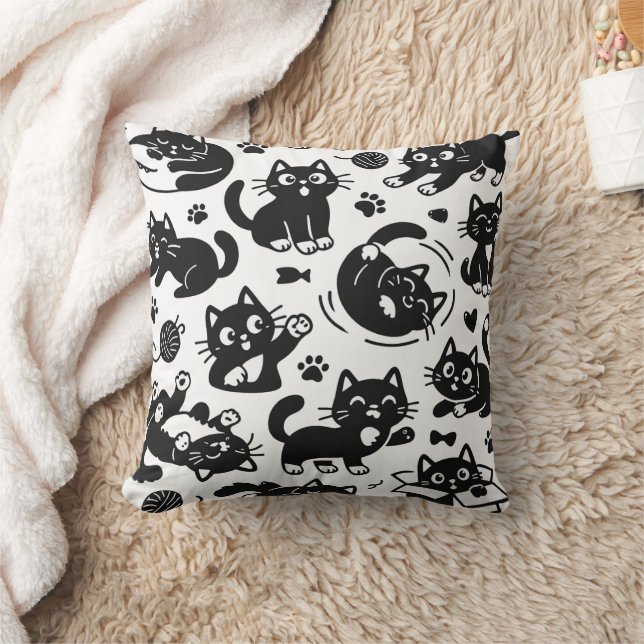 Playful Black Cat Silhouette Pattern Throw Pillow Kissen (Decke)