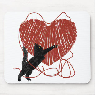 Playful Black Cat Unraveling Red Heart Mousepad