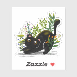 Playful Black Cat with Flowers – Cute Botanical  Aufkleber