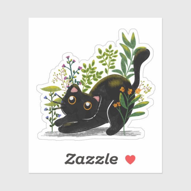 Playful Black Cat with Flowers – Cute Botanical  Aufkleber (Blatt)