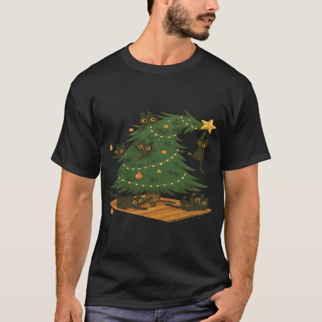 Playful Black Cats Wrecking Christmas Tree T-Shirt (Vorderseite)