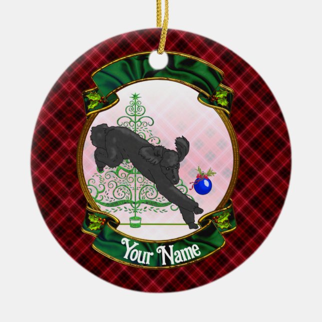 Playful Black Christmas Poodle Keramik Ornament (Vorne)