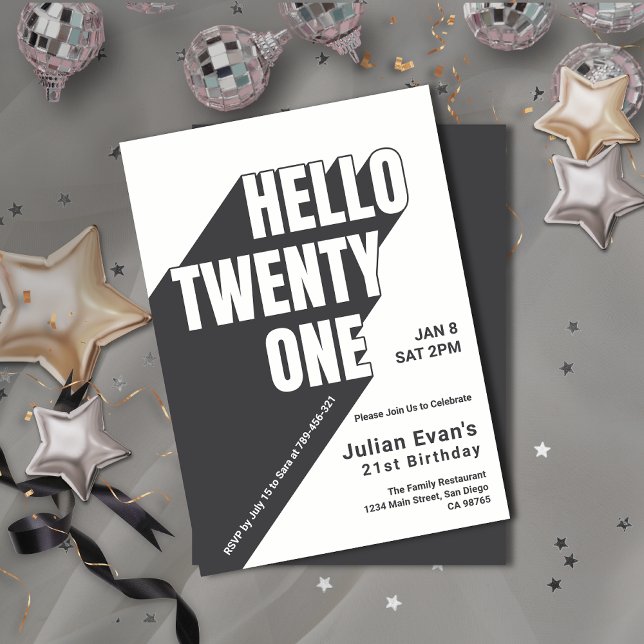 Playful Black & Whit Bold Typografie 21. Geburtsta Einladung (Playful Black & Whit Bold Typography 21st Birthday Invitation)