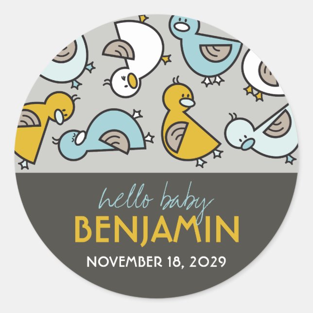 Playful Blue Cartoon Ducks Hello Baby Boy Sticker (Vorderseite)