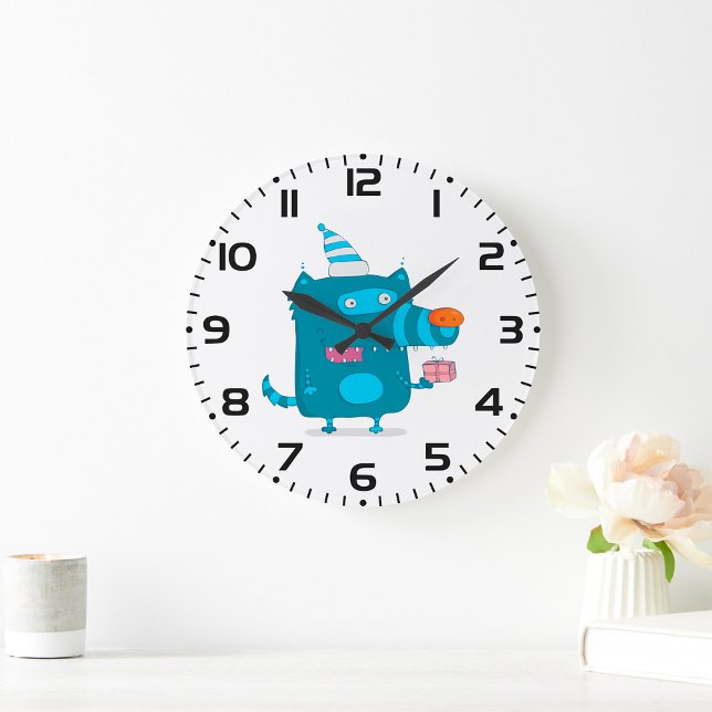 Playful Blue Cartoon Monster mit Party Hat Große Wanduhr (Von Creator hochgeladen)