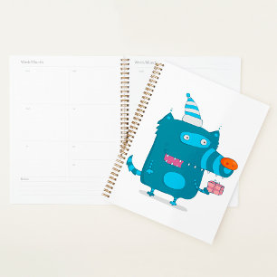 Playful Blue Cartoon Monster mit Party Hat Planer