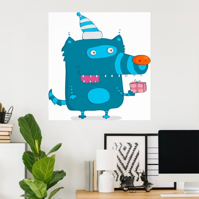 Playful Blue Cartoon Monster mit Party Hat Poster (Von Creator hochgeladen)