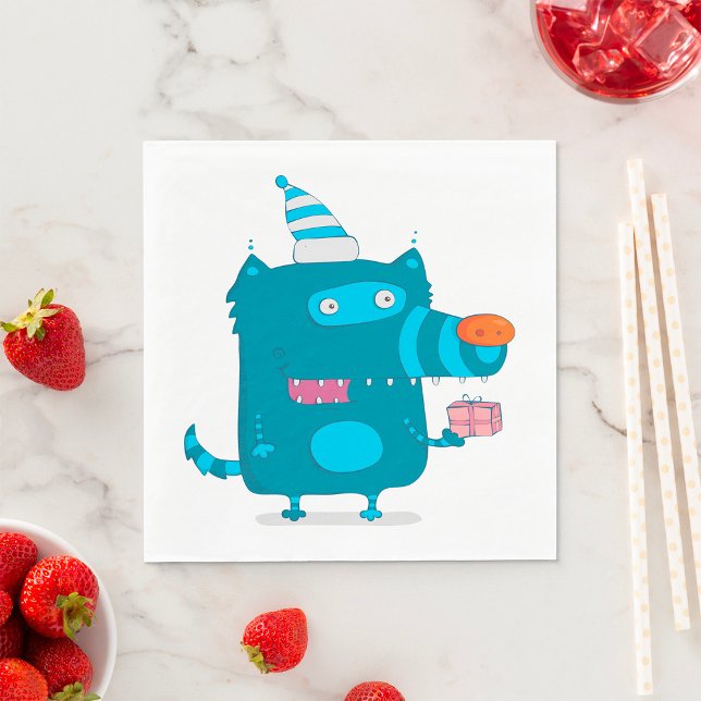 Playful Blue Cartoon Monster mit Party Hat Serviette (Von Creator hochgeladen)