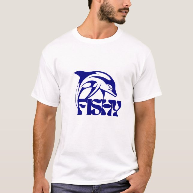 Playful Blue Fish Design mit 'Fishy' Text T-Shirt (Vorderseite)