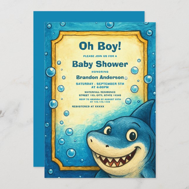 Playful Blue Shark Bubbles Boy Baby Dusche Einladung (Vorne/Hinten)