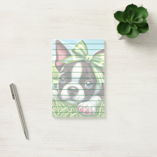 Playful Boston Terrier Puppy mit Green Bow Post-it Klebezettel
