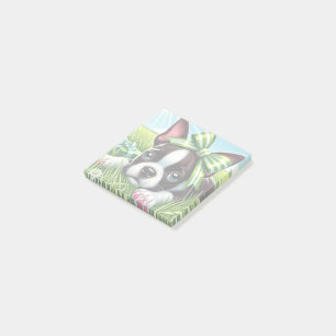 Playful Boston Terrier Puppy mit Green Bow Post-it Klebezettel