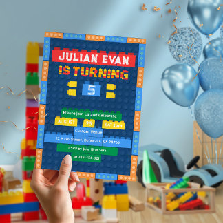 Playful Bricks Gebäude Blocks Boy's Blue Birthday Einladung