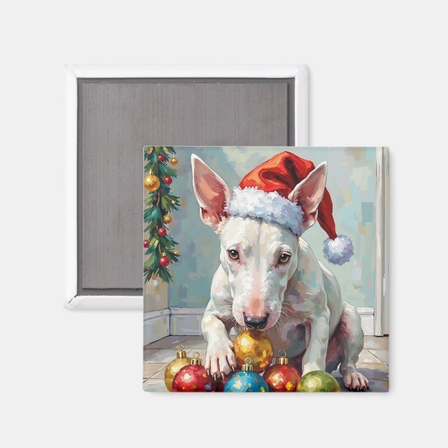 Playful Bull Terrier Dog Guarding Christmas Magnet (Vorderseite/Rückseite)