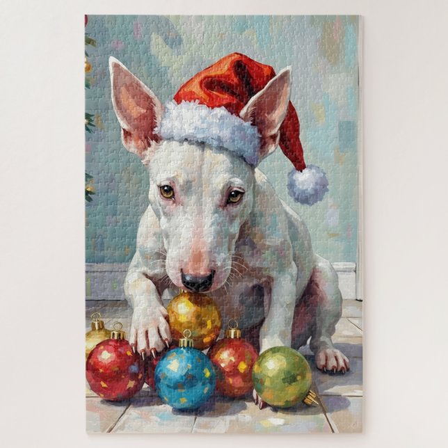 Playful Bull Terrier Dog Guarding Christmas Puzzle (Vertikal)