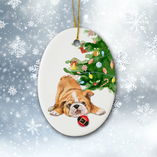 Playful Bulldog Puppy Santa Bulle Weihnachten Keramik Ornament