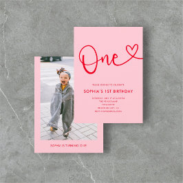 Playful Calligraphy Heart Pink Red 1st Birthday Einladung