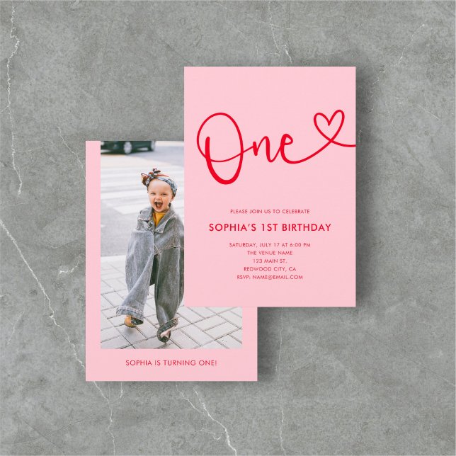 Playful Calligraphy Heart Pink Red 1st Birthday Einladung (Von Creator hochgeladen)