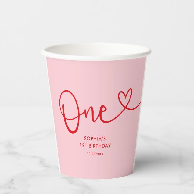 Playful Calligraphy Pink Red 1. Geburtstag Pappbecher (Vorderseite)
