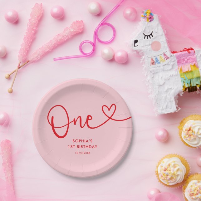 Playful Calligraphy Pink Red 1. Geburtstag Pappteller (Party)