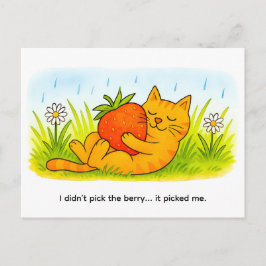 Playful Cartoon Cat Hugging Big Strawberry Postkarte