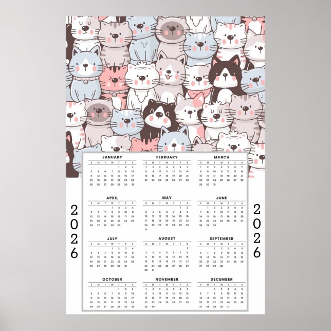 Playful Cartoon Cat Pattern with 2026 Calendar Poster (Vorne)